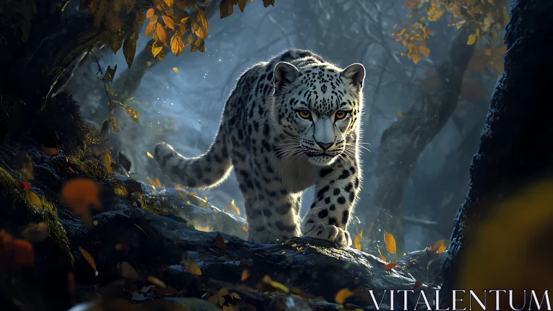 Snow Leopard in Autumn Forest with Golden Foliage