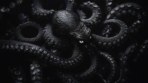 Midnight octopus rests calmly in a swirl of dark tentacles