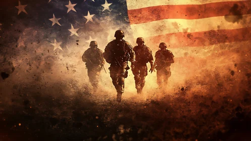 War-torn silhouettes charge beneath a blazing American flag.