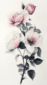 Soft pink wild roses rendered in delicate ink gradients.