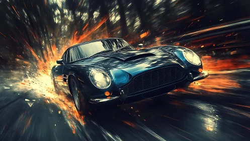 Digital painting of vintage sports car in explosive motion blur.