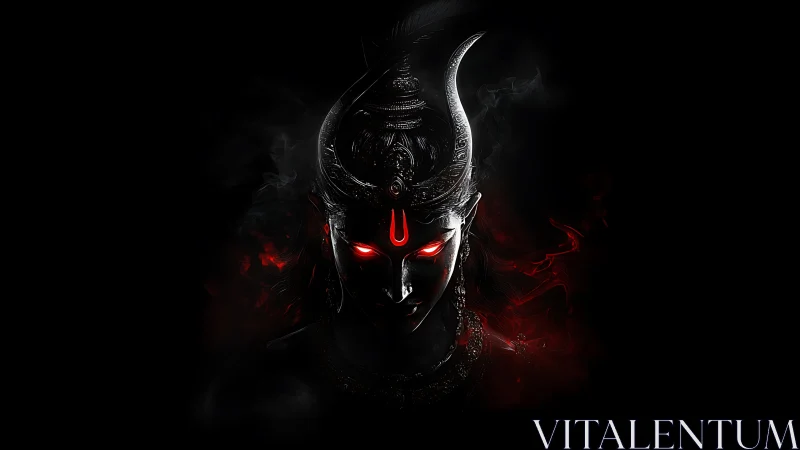 Dark deity portrait with glowing red eyes and symbol.