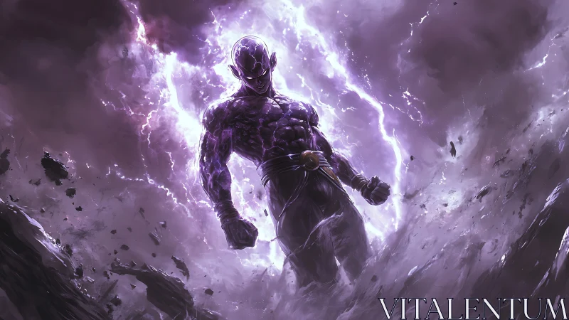 Armored cosmic warrior emerges within violent purple storm