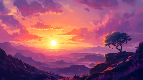 Solitary cliffside tree watches a radiant violet sunrise