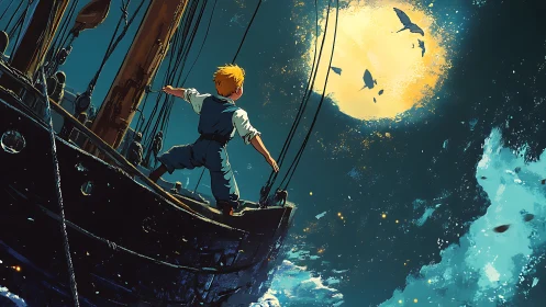 Young sailor confronts luminous moon over turbulent sea