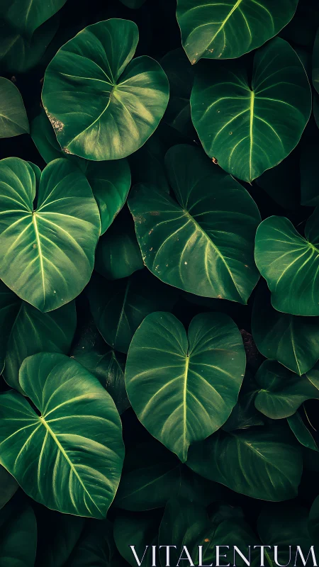 High-contrast close-up of overlapping heart-shaped tropical leaves