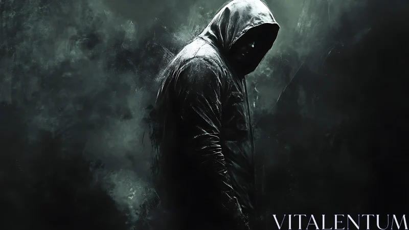 Hooded figure in shadowy teal mist with dramatic rim light.