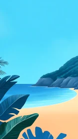 Tropical beach cove with palm fronds, turquoise water, and rocky headland.