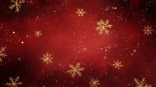 Gold snowflakes scatter across deep red festive background.