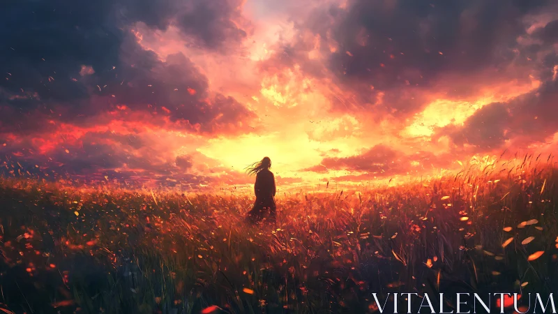 Silhouette figure stands in glowing sunset field of grass