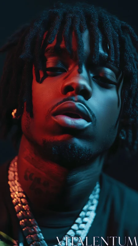 Portrait shows male subject under split red and blue lighting