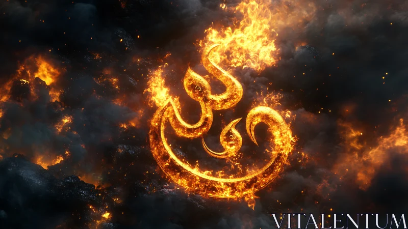 Flaming Arabic calligraphy blazes against stormy smoke.