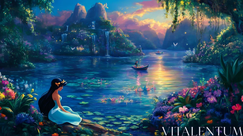 Enchanted riverscape with contemplative figure and iridescent light