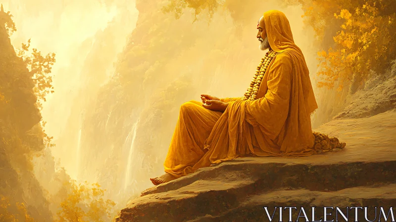 Solitary sage meditates in golden mist above quiet valley