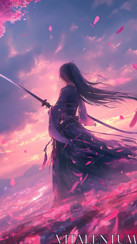 Lone swordbearer faces vivid sunset amid drifting petals