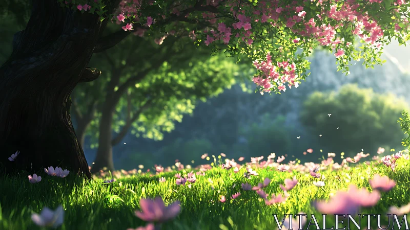 Rendered spring meadow displays flowering tree and blossoms