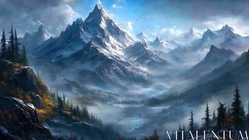 Layered alpine mountain range rendered with atmospheric perspective