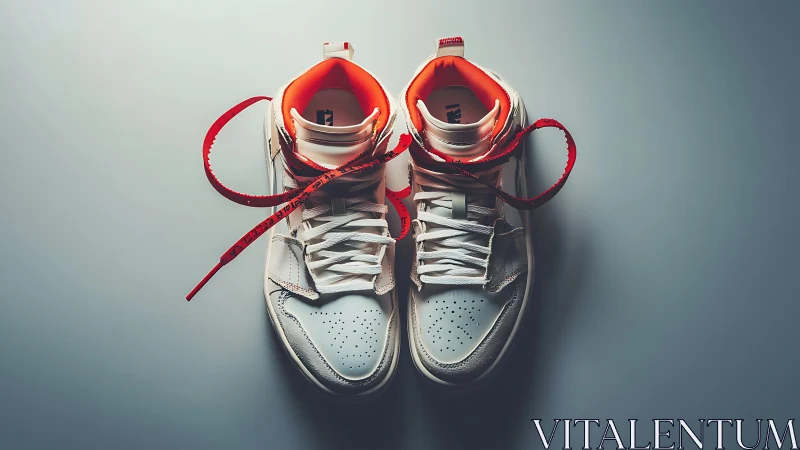 High-top white sneakers with vivid red laces float stylishly.
