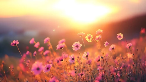 Backlit cosmos wildflowers glow against an intense sunset sky