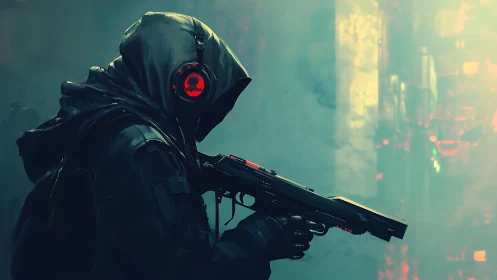 Cybernetic marksman in neon haze with tactical rifle profile.