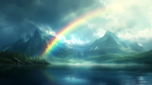 Mountain lake rainbow arcs through stormlit alpine valley.