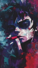 Chromatic portrait of brooding figure with stylized cigarette.