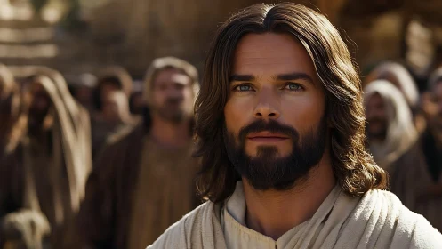 Central bearded figure stands before blurred robed crowd