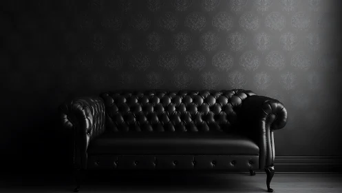 Tufted black leather sofa anchors low key monochrome interior