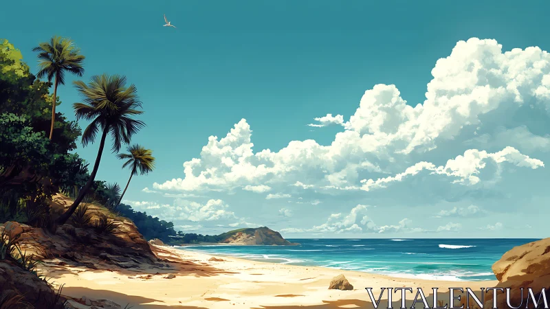 Tropical beach landscape with palm trees and dramatic cumulus clouds