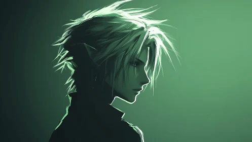Green lit anime boy in moody profile silhouette portrait.
