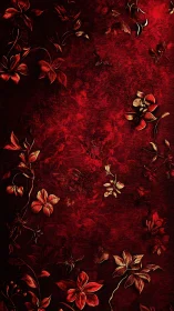 Red floral illustration shows stylized flowers on textured field