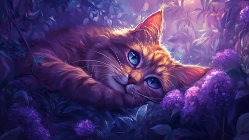 Digitally rendered feline with luminescent eyes in floral environment.