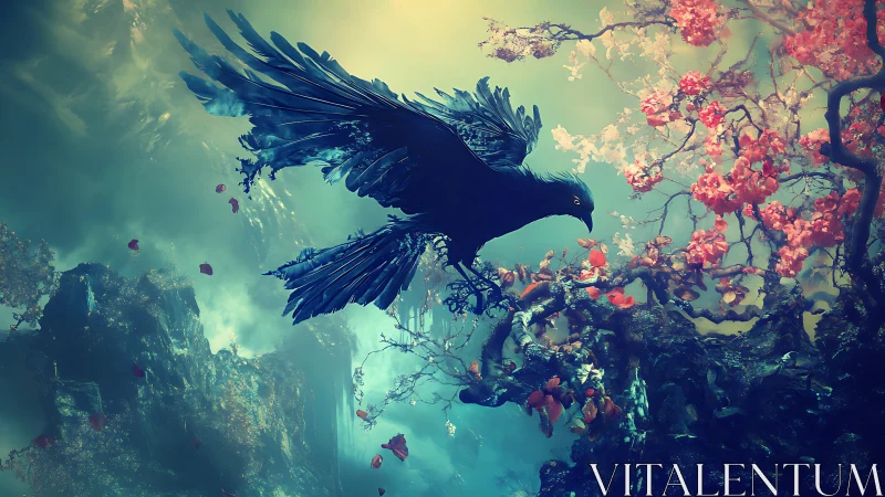 Dark raven in surreal flowering canyon landscape.