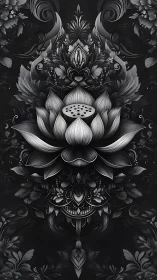 Nocturne lotus mandala blooms in silver-shadowed symmetry.