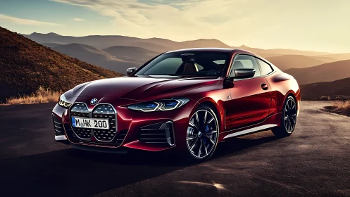 Red BMW coupe parked on mountain road at sunset light.
