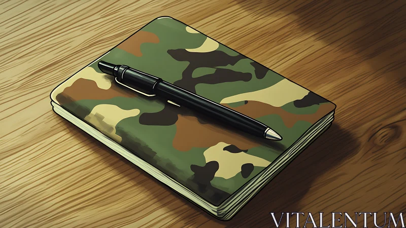Camouflage field notebook with pen on varnished wooden desk.