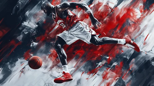 Basketball player in midair over abstract red backdrop.