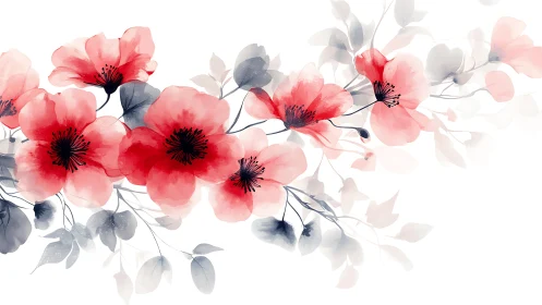 Watercolor Red Flowers with Blue-Gray Foliage Composition.