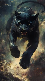 Mythical Black Panther Emerges Through Golden Mist and Shadows
