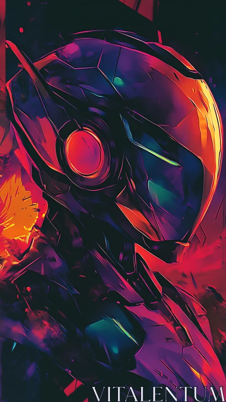 Futuristic armored helmet renders in vibrant neon lighting