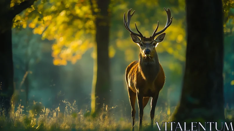 Majestic stag stands in golden forest light at dawn