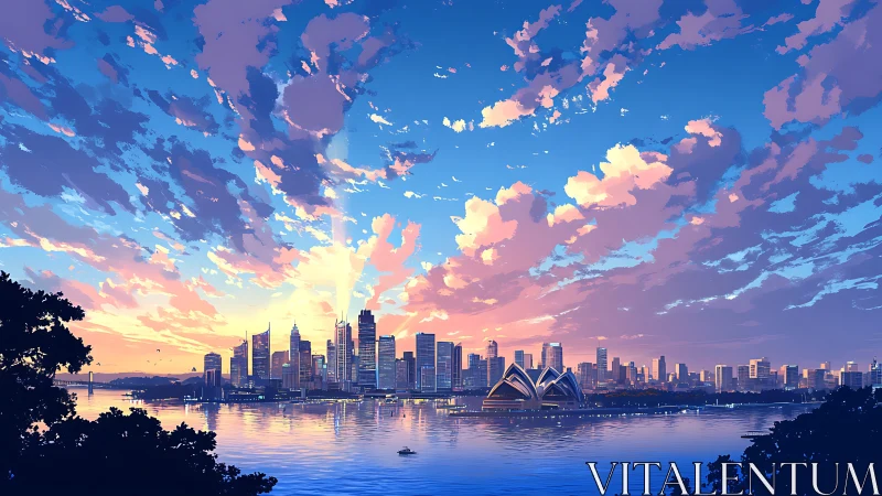 Harbor city skyline under radiant pastel sunset clouds.