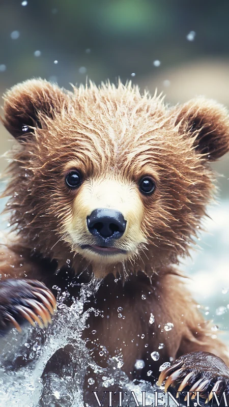 Curious bear cub splashes toward the lens in crisp wild water