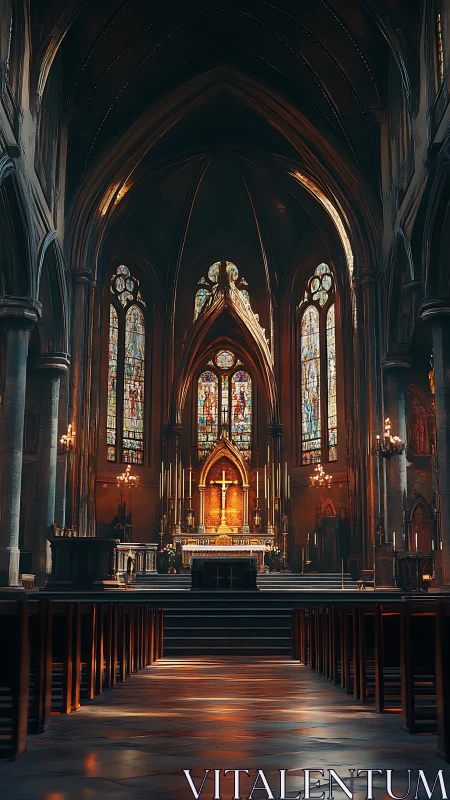 Gothic cathedral altar glows beneath soaring vaulted arches.