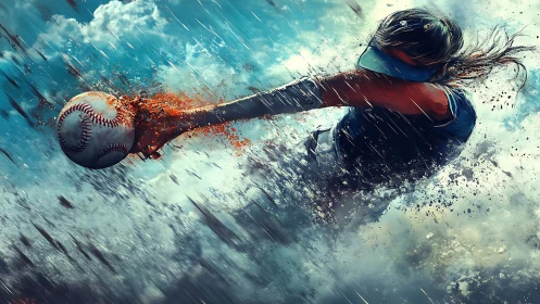 Dynamic softball pitcher in motion with splashing clouds.