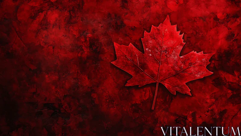 Red maple leaf rests on bold textured crimson ground.