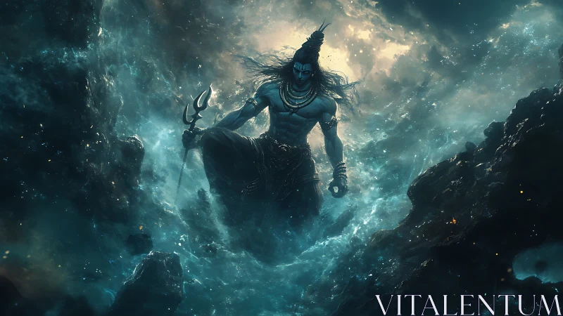 Divine warrior figure amid swirling cosmic waters.