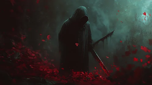 Grim reaper stalks crimson petals in a haunted misted grove.