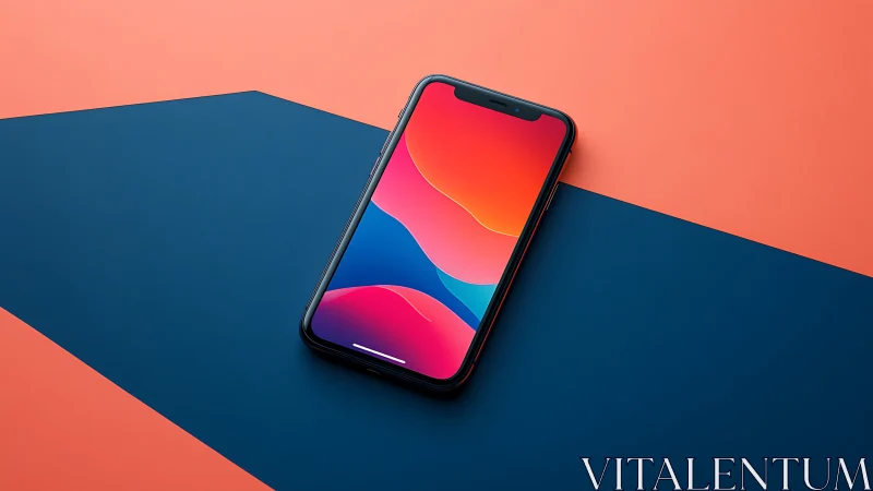 Smartphone with Vibrant Gradient Display on Geometric Background