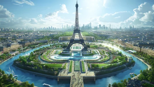 Futuristic Eiffel Tower island glows above winding blue river